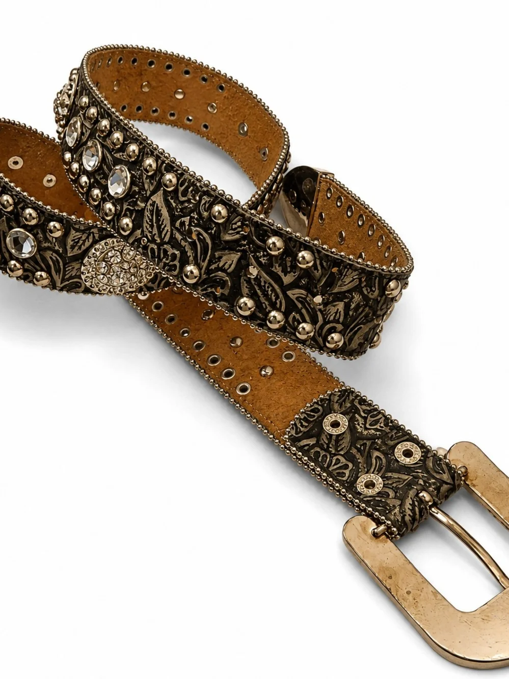 Embellished Floral Leather Belt With Silver Buckle